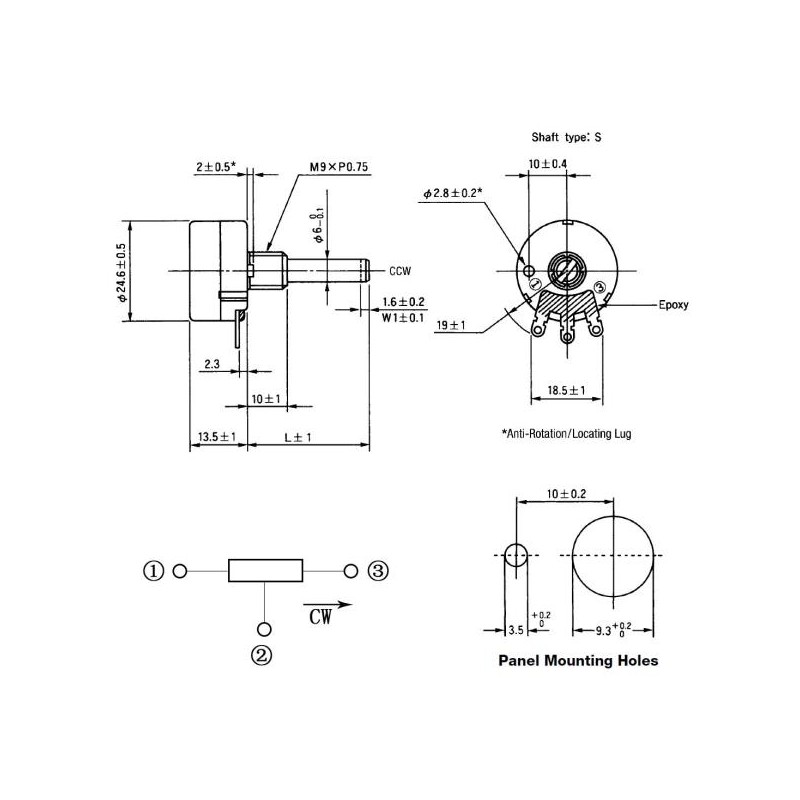 POTENCIOMETRO LINEAL 10K RV24YN 20S B103