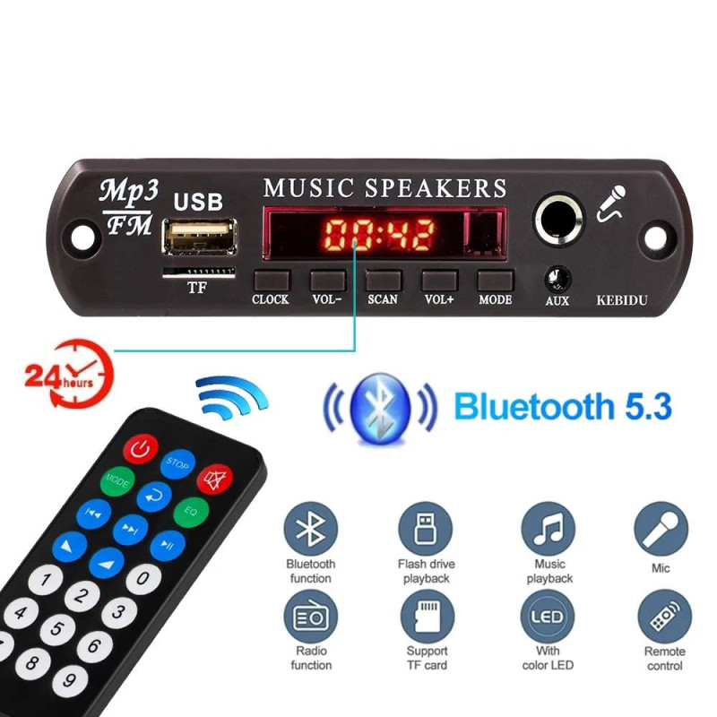 MODULO AUDIO BLUETOOTH MICROFONO 6.5MM FM SD USB AUX 12-20V