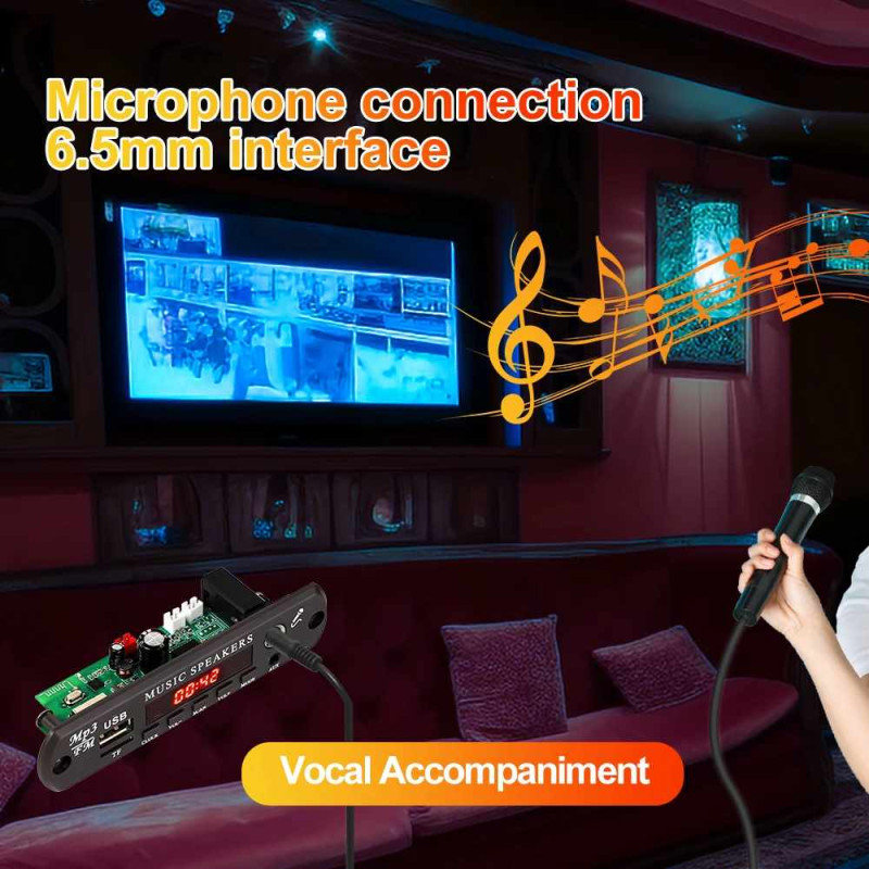 MODULO AUDIO BLUETOOTH MICROFONO 6.5MM FM SD USB AUX 12-20V