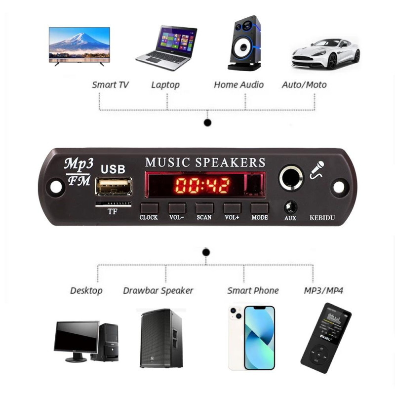 MODULO AUDIO BLUETOOTH MICROFONO 6.5MM FM SD USB AUX 12-20V