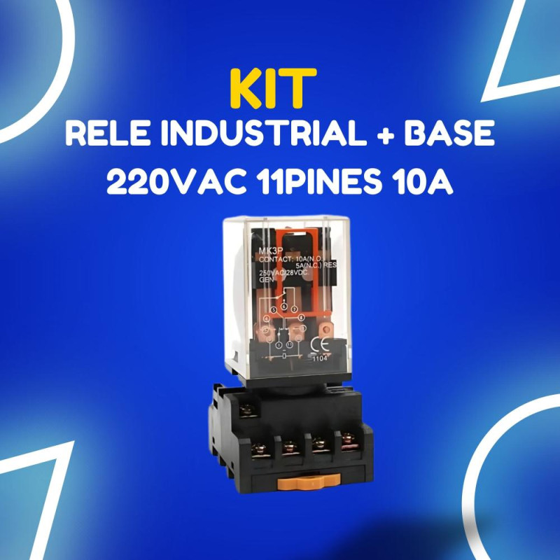 KIT RELE INDUSTRIAL + BASE 220VAC 11PINES 10A PARA RIEL DIN