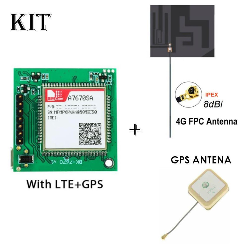KIT A7670SA MODULO 4G LTE CAT1 DUAL SIM + ANTENA 68X58 + GPS