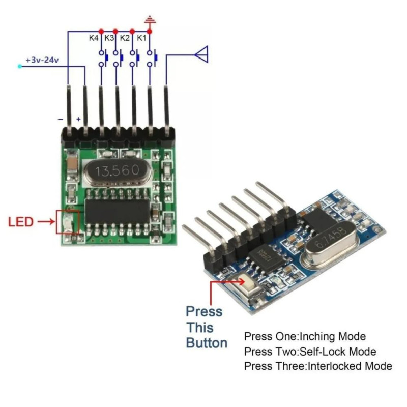 TRANSMISOR TX118SA-4 + RECEPTOR RX480-E4 COD 1527 RF 433MHZ