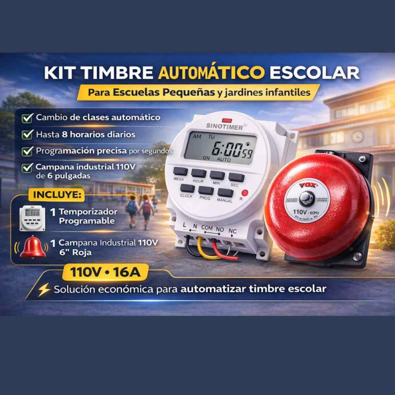TIMBRE ESCOLAR AUTOMATICO PROGRAMABLE DIGITAL + CAMPANA 110V