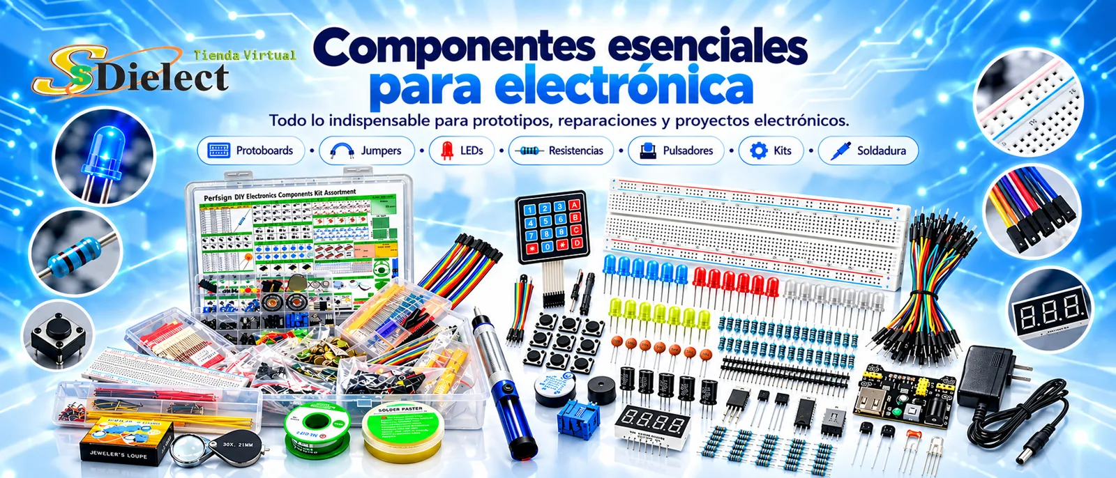 Componentes esenciales para electrónica: protoboards, jumpers, LEDs, resistencias, pulsadores y soldadura