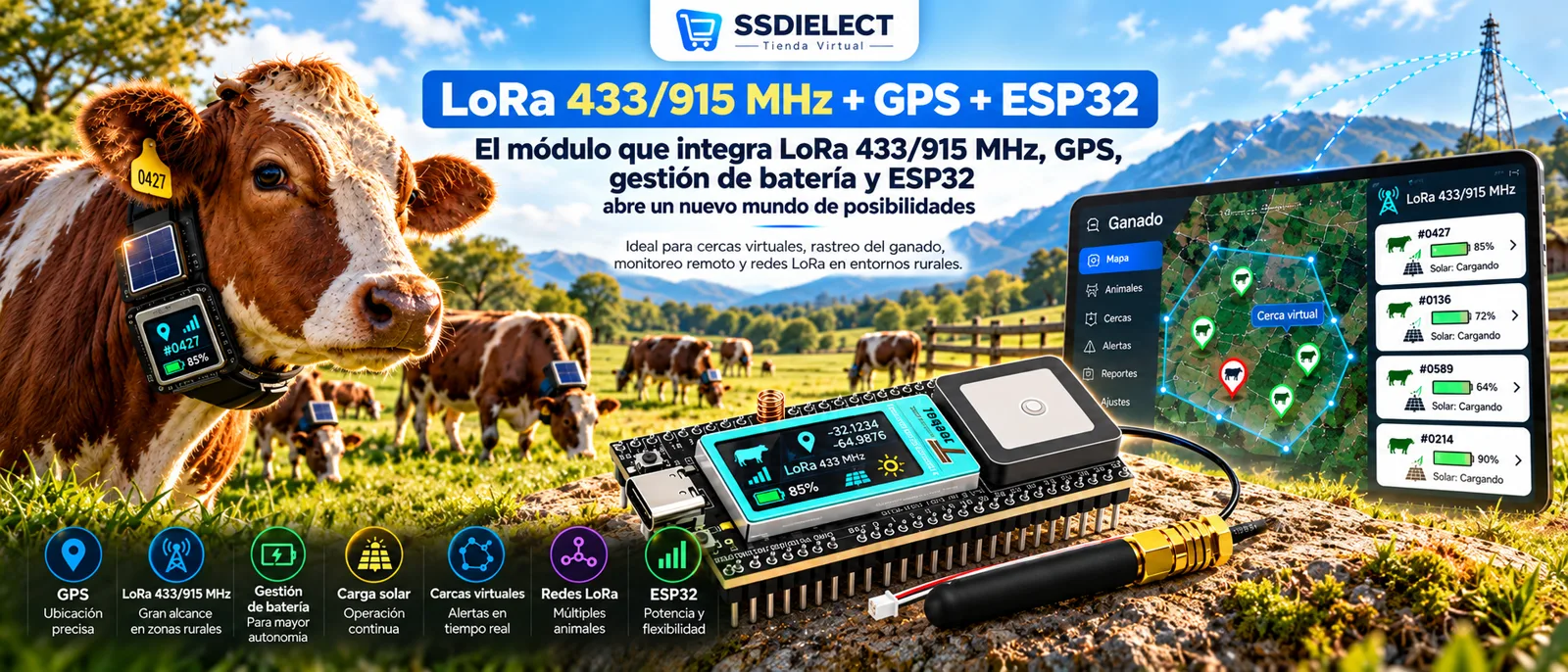 Módulo ESP32 con LoRa, GPS y gestión de batería para rastreo ganadero y cercas virtuales