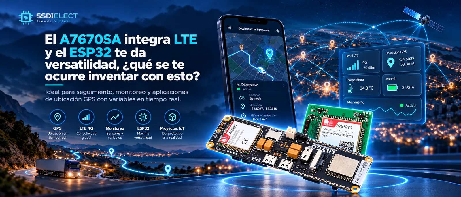 El A7670SA integra LTE y el ESP32 te da versatilidad: seguimiento GPS y monitoreo en tiempo real
